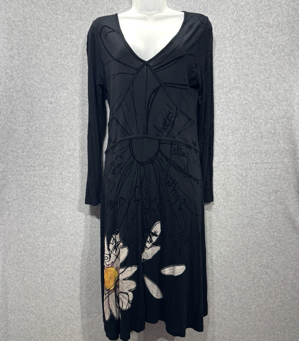 Desigual Floral Applique Artsy Midi Dress Sz US L Black Boho V-Neck Daisy Velvet